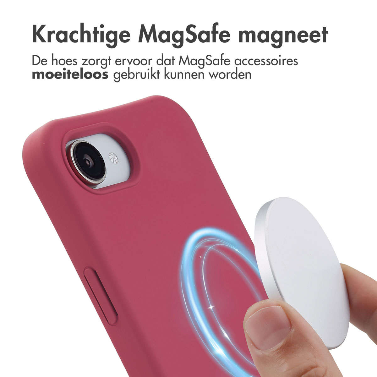 Nahaufnahme einer Telefonhülle mit Magnetkreis und Magnetscheibe, mit niederländischem Text.