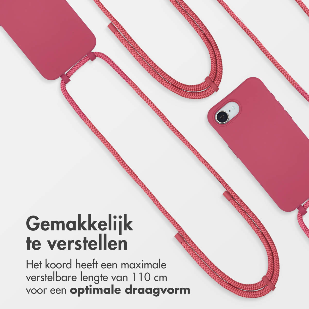 Telefonhülle mit Kordel, rosa Hintergrund mit niederländischem Text über die Anpassung.