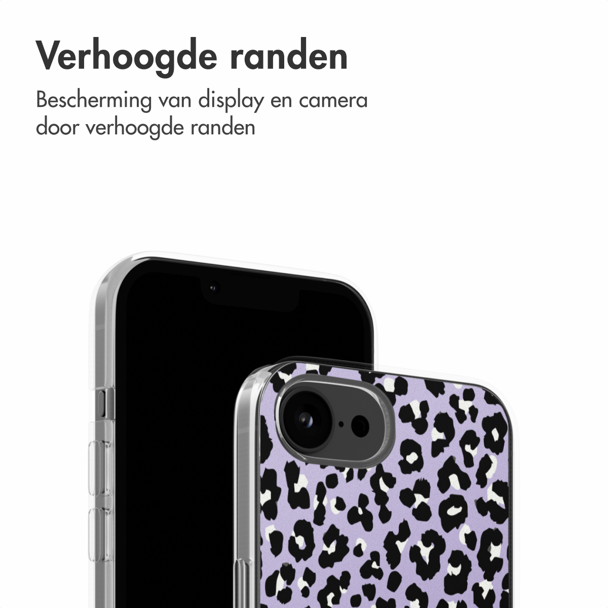 Eine Handyhülle mit Herzmuster und niederländischem Text über erhöhte Kanten.