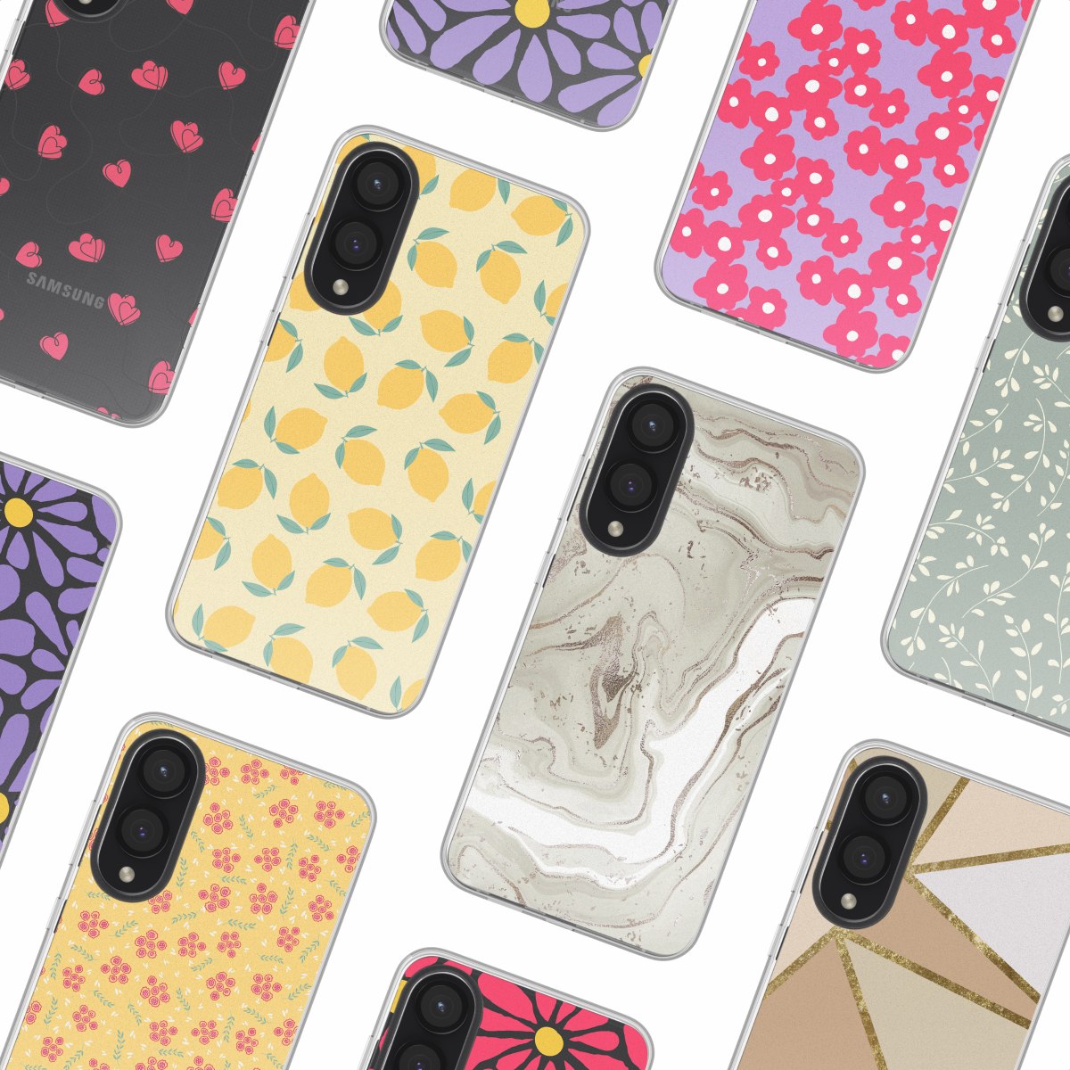 Verschillende telefoonhoesjes met verschillende patronen, waaronder citroenen, bloemen en marmer.
