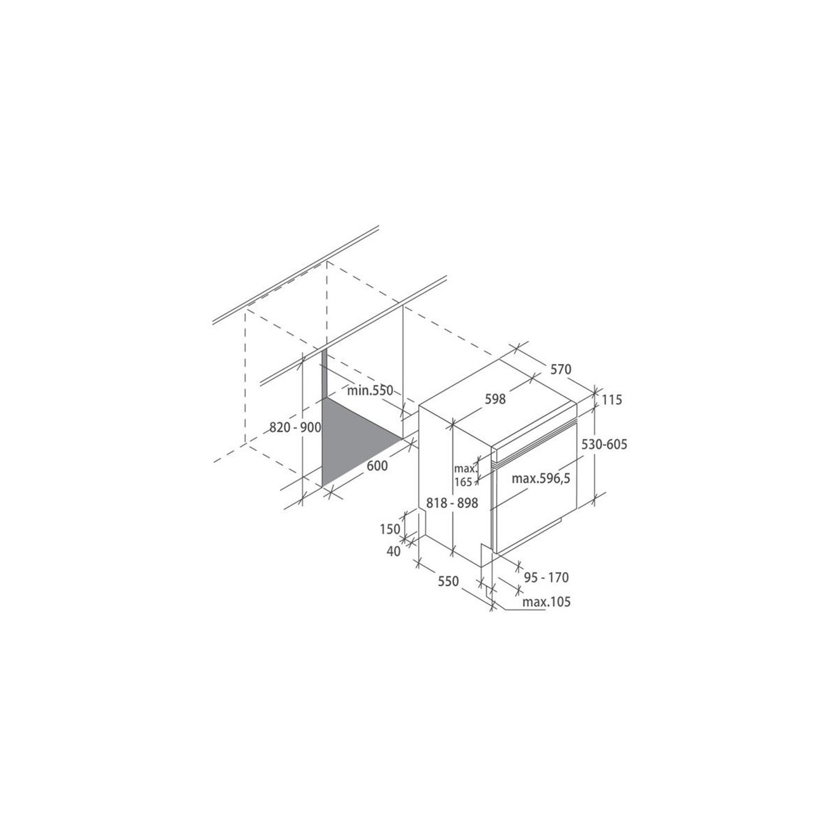 Disegno tecnico di una lavastoviglie. Mostra dimensioni e misure in millimetri.