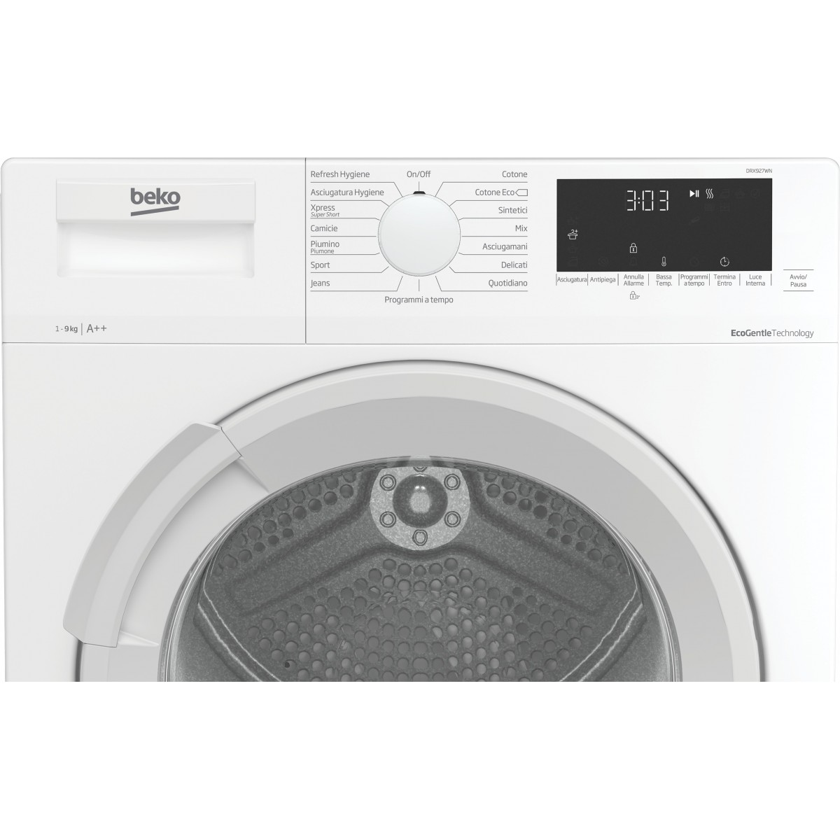 Un'asciugatrice Beko bianca con pannello di controllo. Ha un quadrante, un display digitale e diversi pulsanti. La porta è bianca.