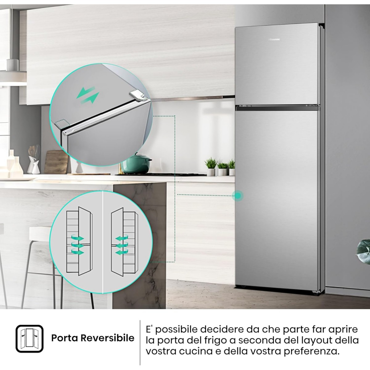 Srebrna lodówka z odwracalnymi drzwiami. Obraz pokazuje schemat otwierania drzwi.