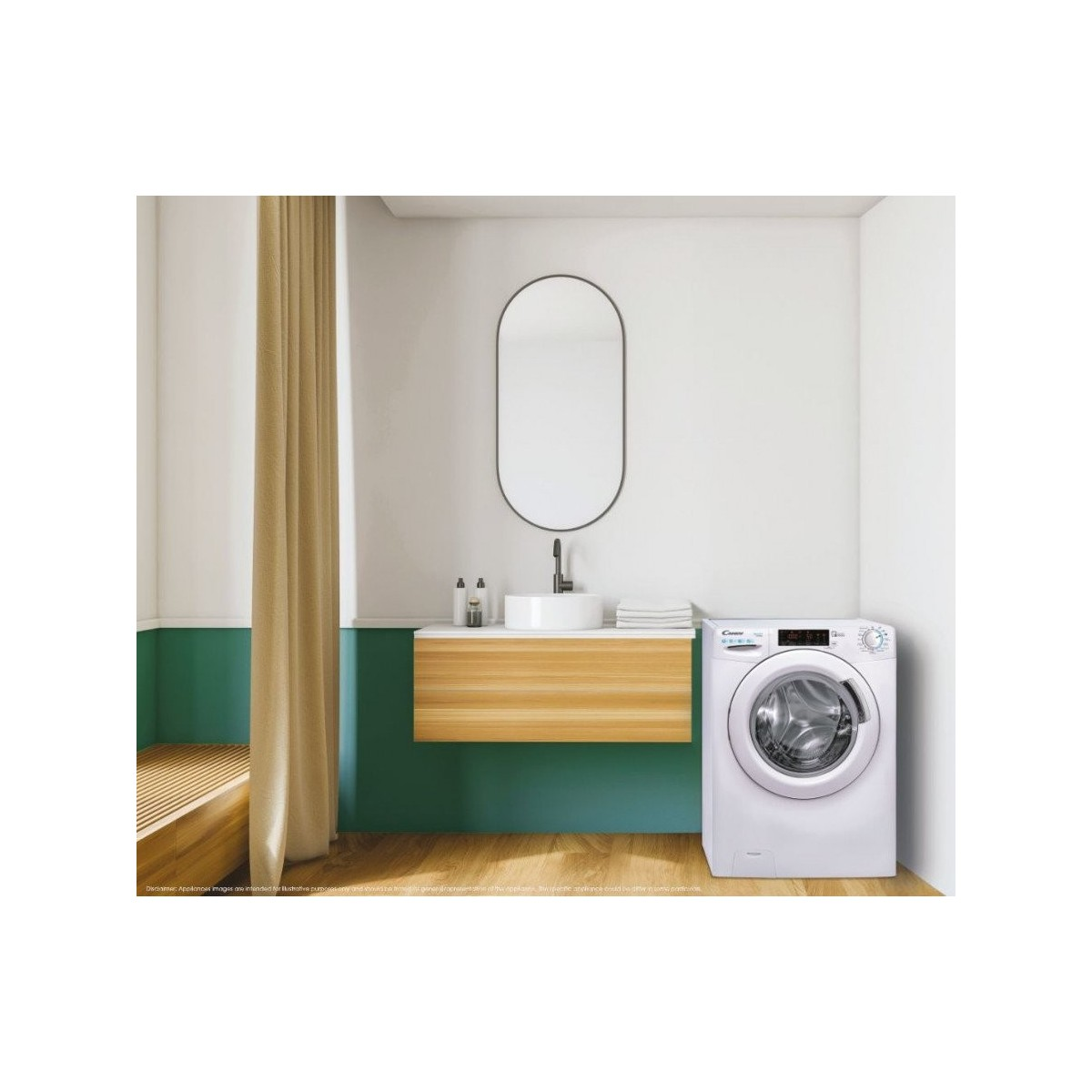Una lavatrice in un ambiente bagno. C'è uno specchio, un lavandino e un mobile in legno.