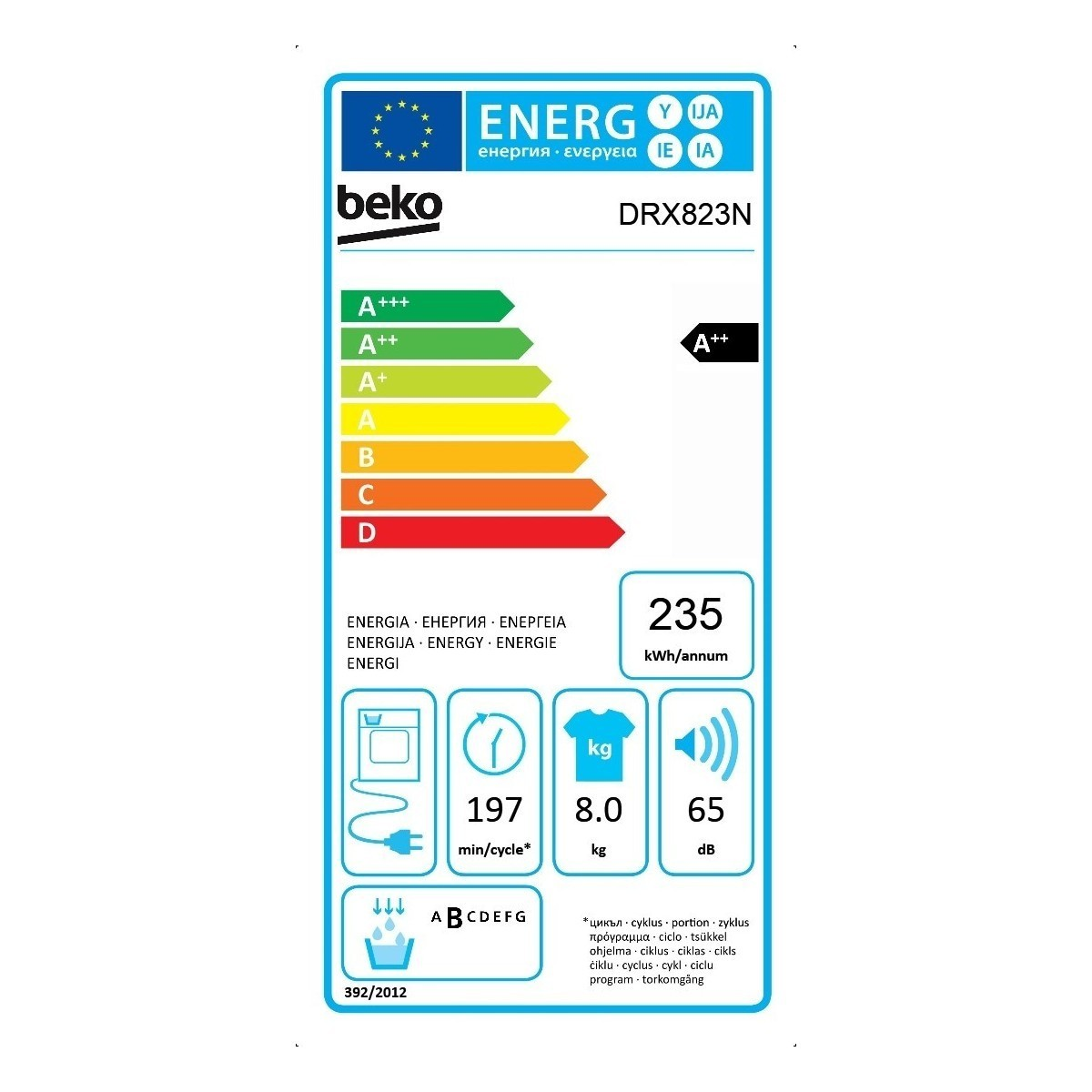 Un'etichetta energetica per un'asciugatrice Beko, che mostra i dettagli sull'efficienza energetica, inclusa la classe A++.