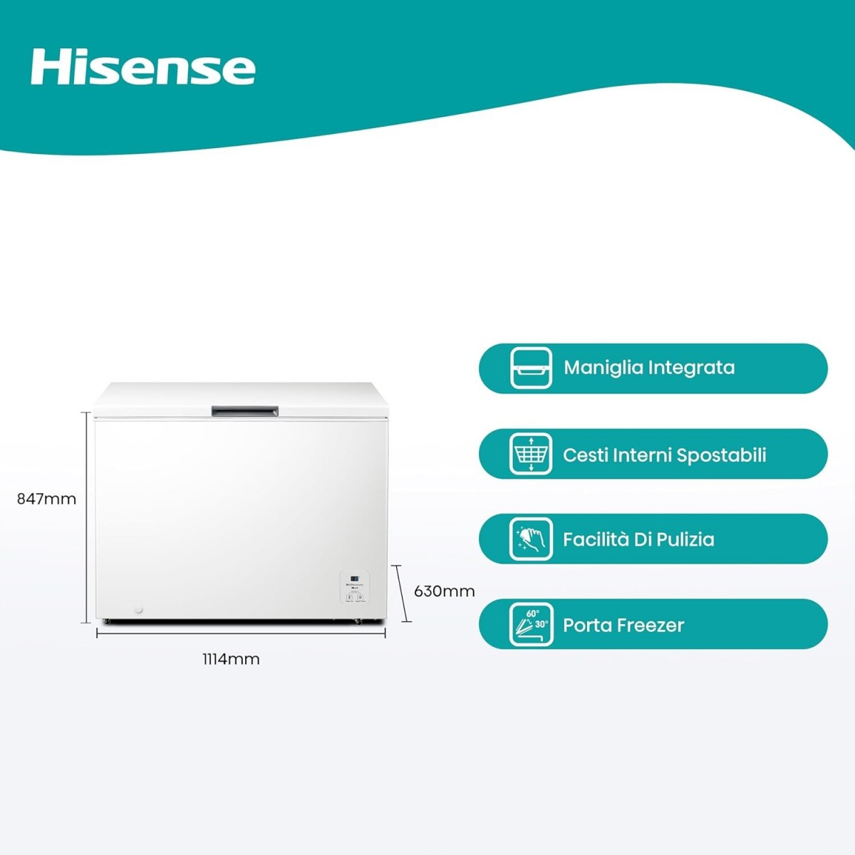 Weiße Truhengefriertruhe mit Abmessungen und Funktionssymbolen, Hisense-Logo und italienischem Text.
