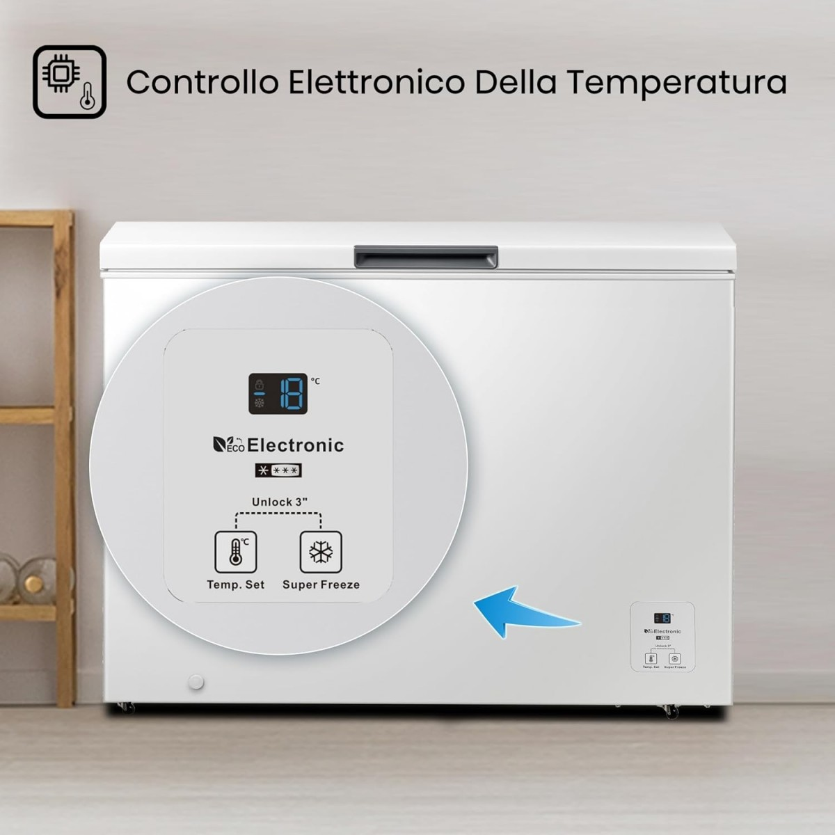 Weiße Truhengefriertruhe mit elektronischem Bedienfeld, Temperaturanzeige und Hisense-Logo.