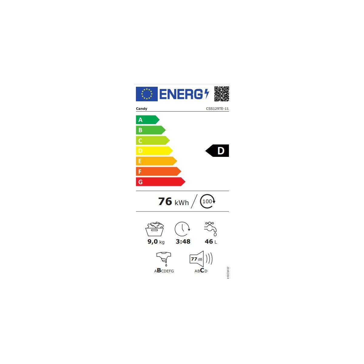 Un'etichetta energetica per una lavatrice Candy, che mostra la sua efficienza.