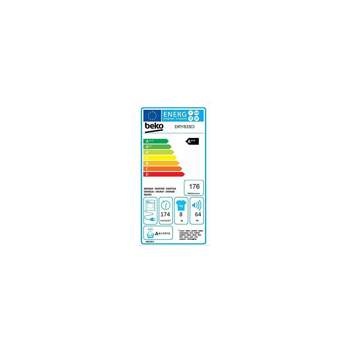 Un'etichetta energetica per una lavatrice Beko, che mostra i dettagli sull'efficienza.