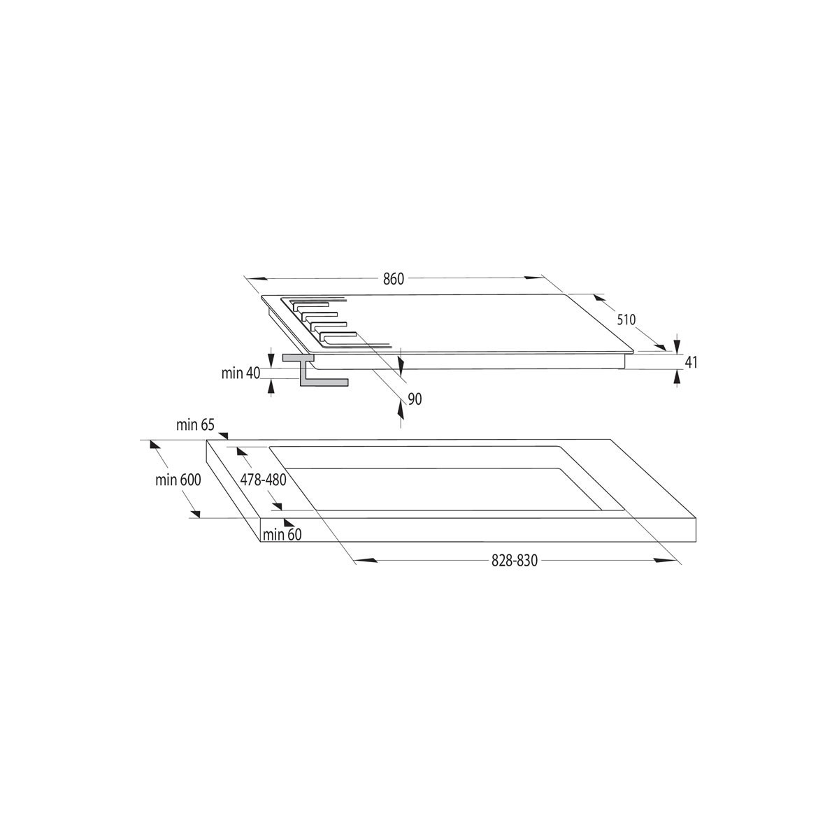 Widok z góry na czarną płytę grzewczą, z zaznaczonymi wymiarami. Prostokątny design.