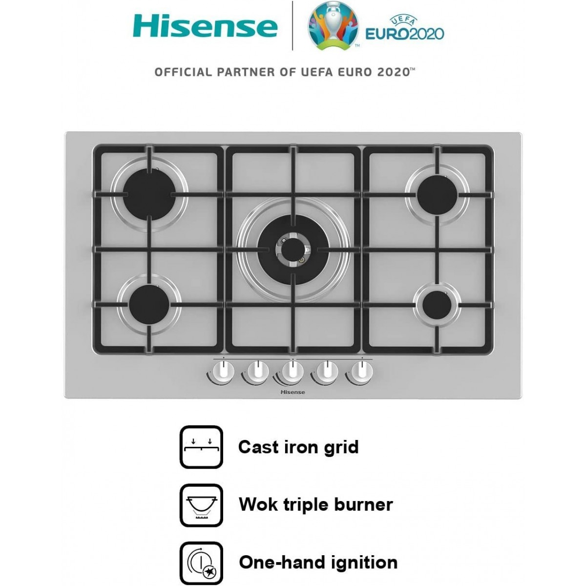 Srebrna płyta gazowa Hisense z pięcioma palnikami, żeliwnymi rusztami i pokrętłami.