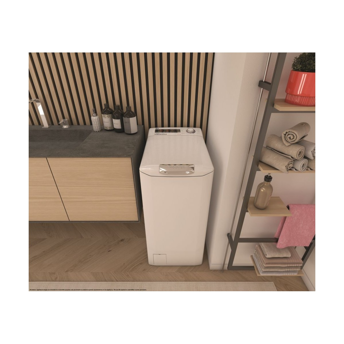 Una lavatrice a carica dall'alto in un bagno, circondata da scaffali, un mobile da bagno e una parete in legno.