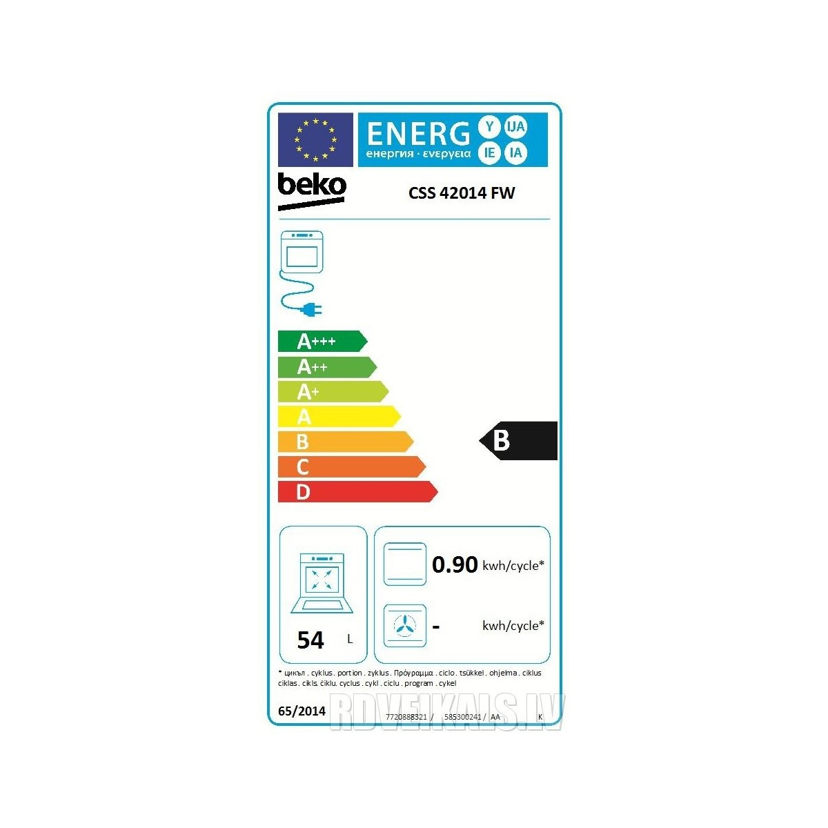 Un'etichetta energetica bianca con testo e diagrammi. Mostra la classe di efficienza energetica B e altri dettagli dell'apparecchio.