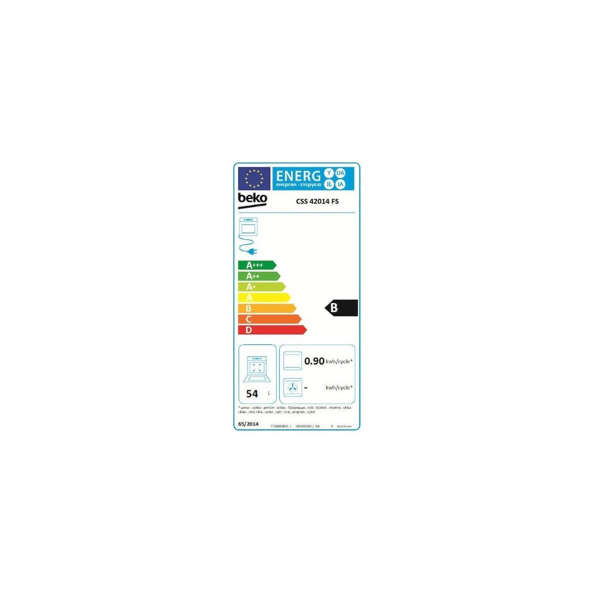 Un'etichetta energetica bianca con testo e diagrammi, che mostra la classe di efficienza energetica B e i dettagli dell'apparecchio.