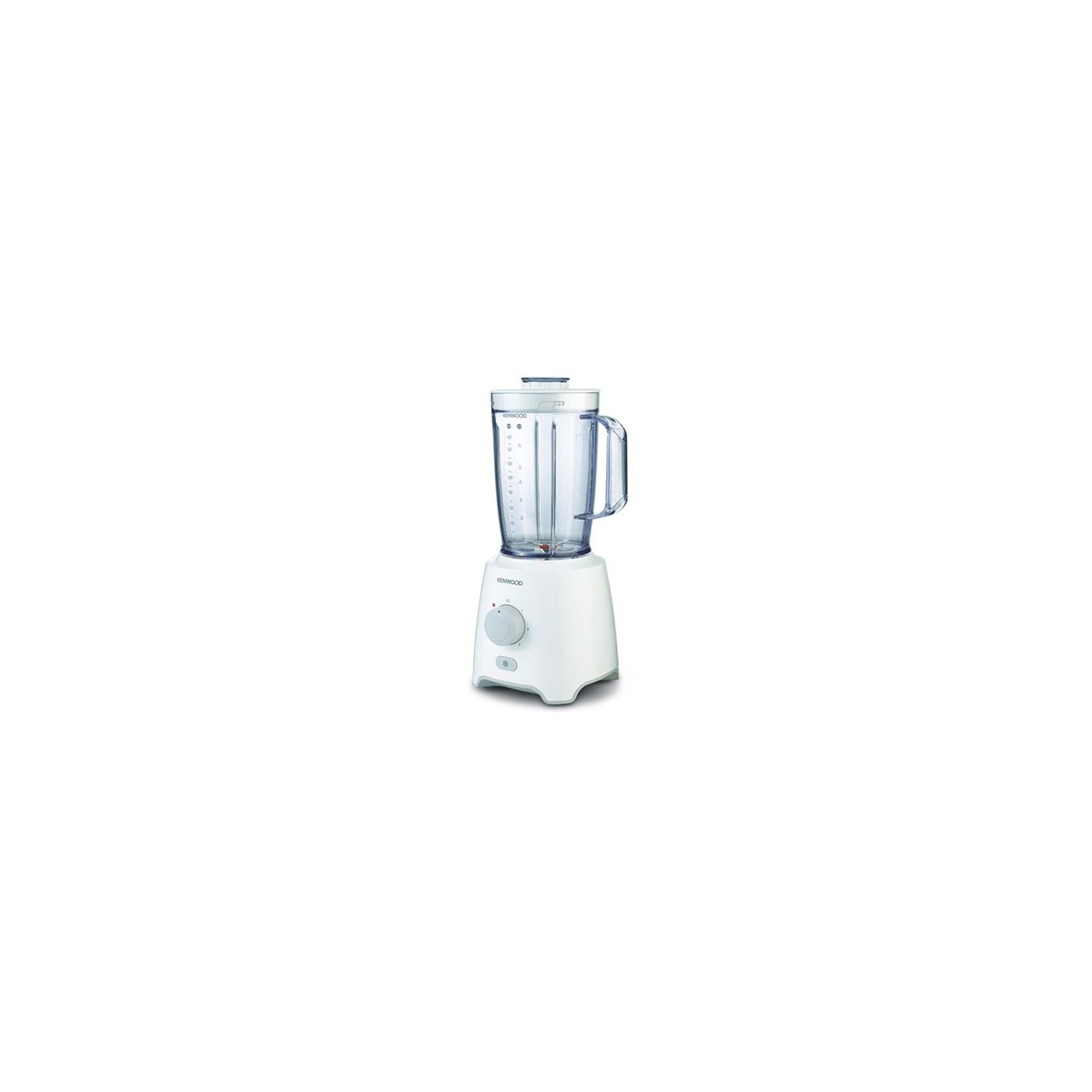 Beyaz Kenwood blender, şeffaf sürahi ve beyaz taban, beyaz zemin üzerinde izole edilmiş.