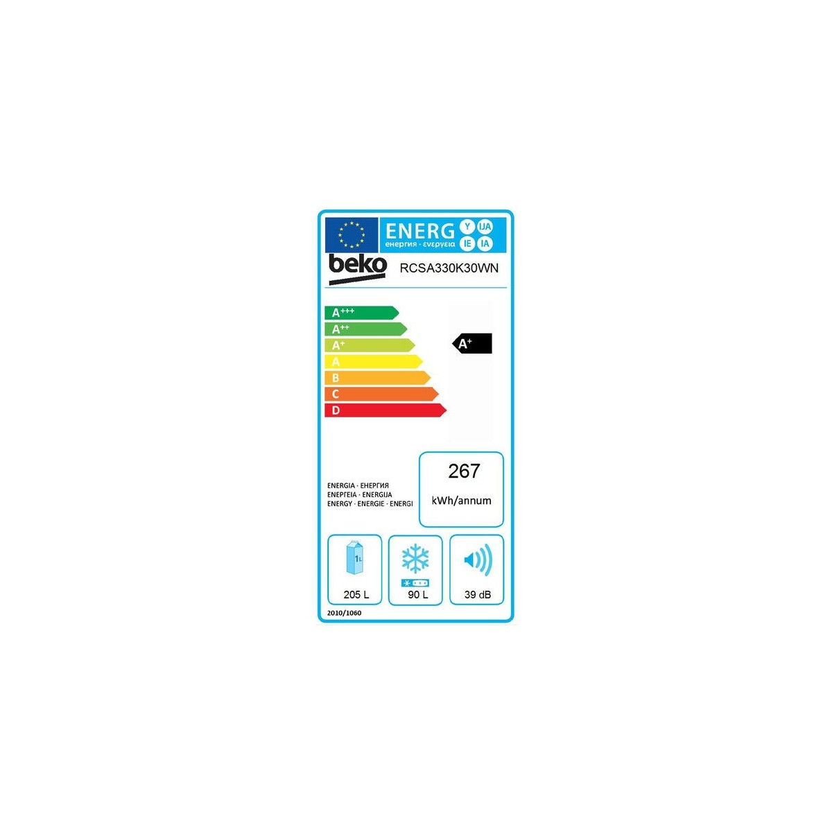 Un'etichetta energetica per un frigorifero Beko, mostrando efficienza e specifiche.