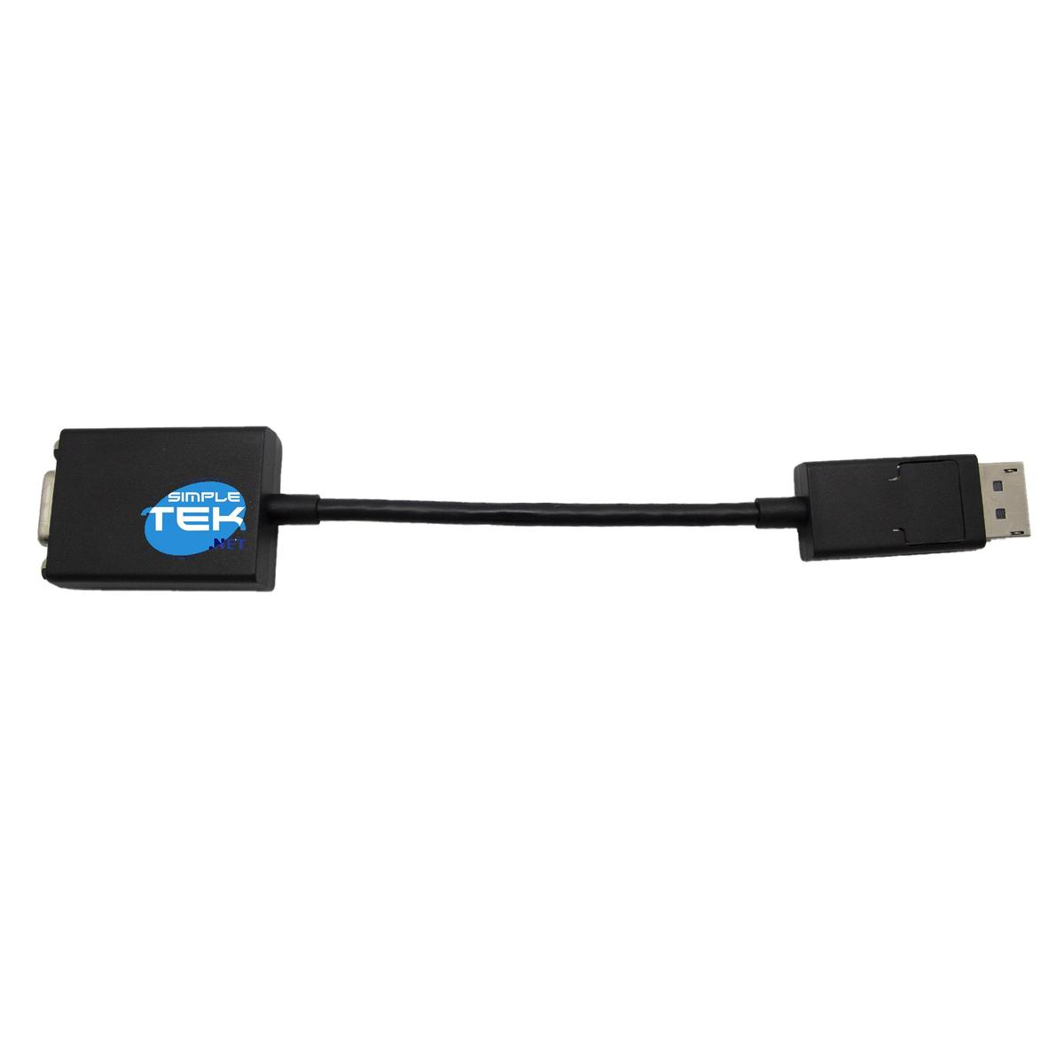 Un adaptateur Simple Tek noir avec un logo bleu, connecté à un connecteur VGA et DisplayPort.