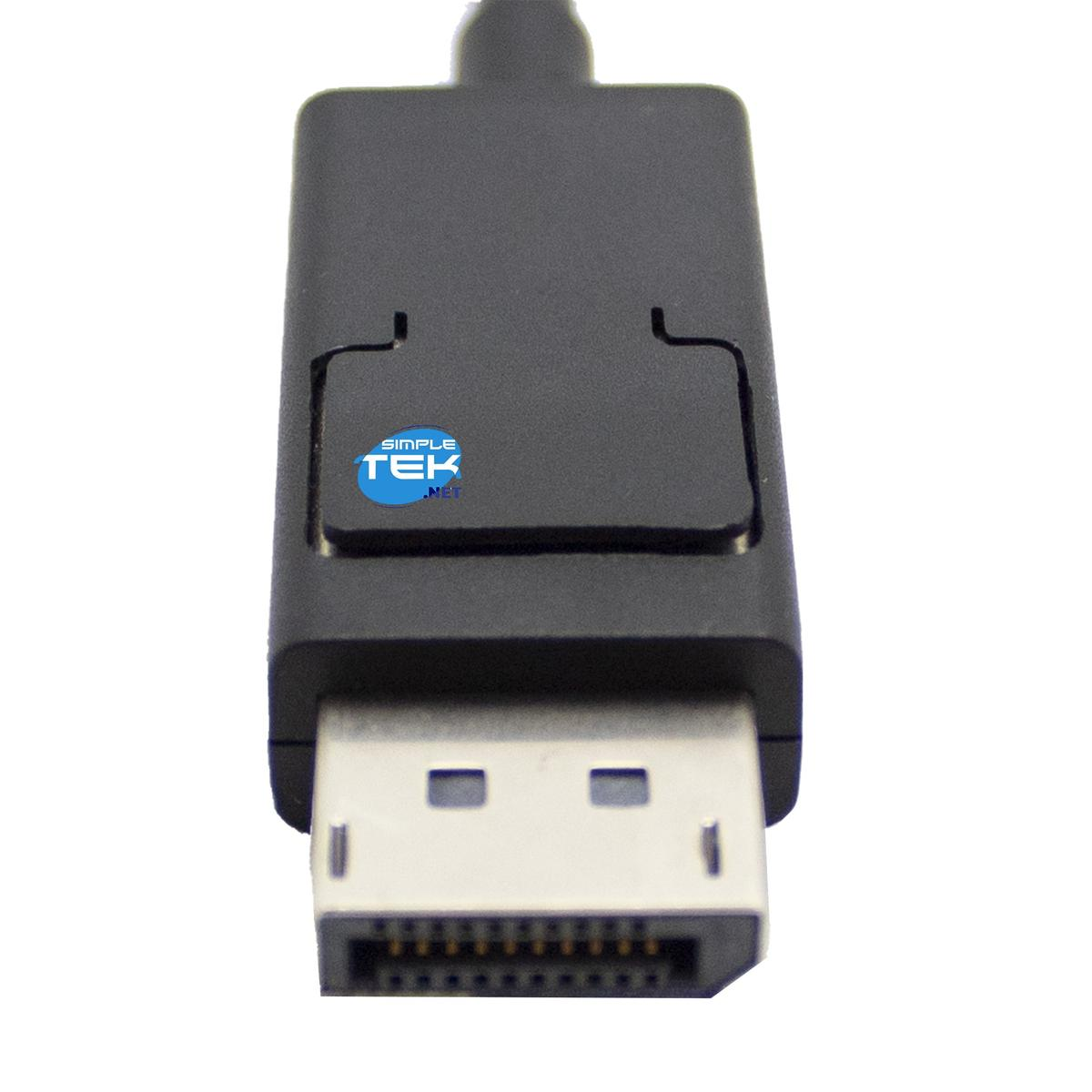 Un connecteur de port d'affichage noir, le devant avec le logo 'Simple Tek', sur fond blanc.
