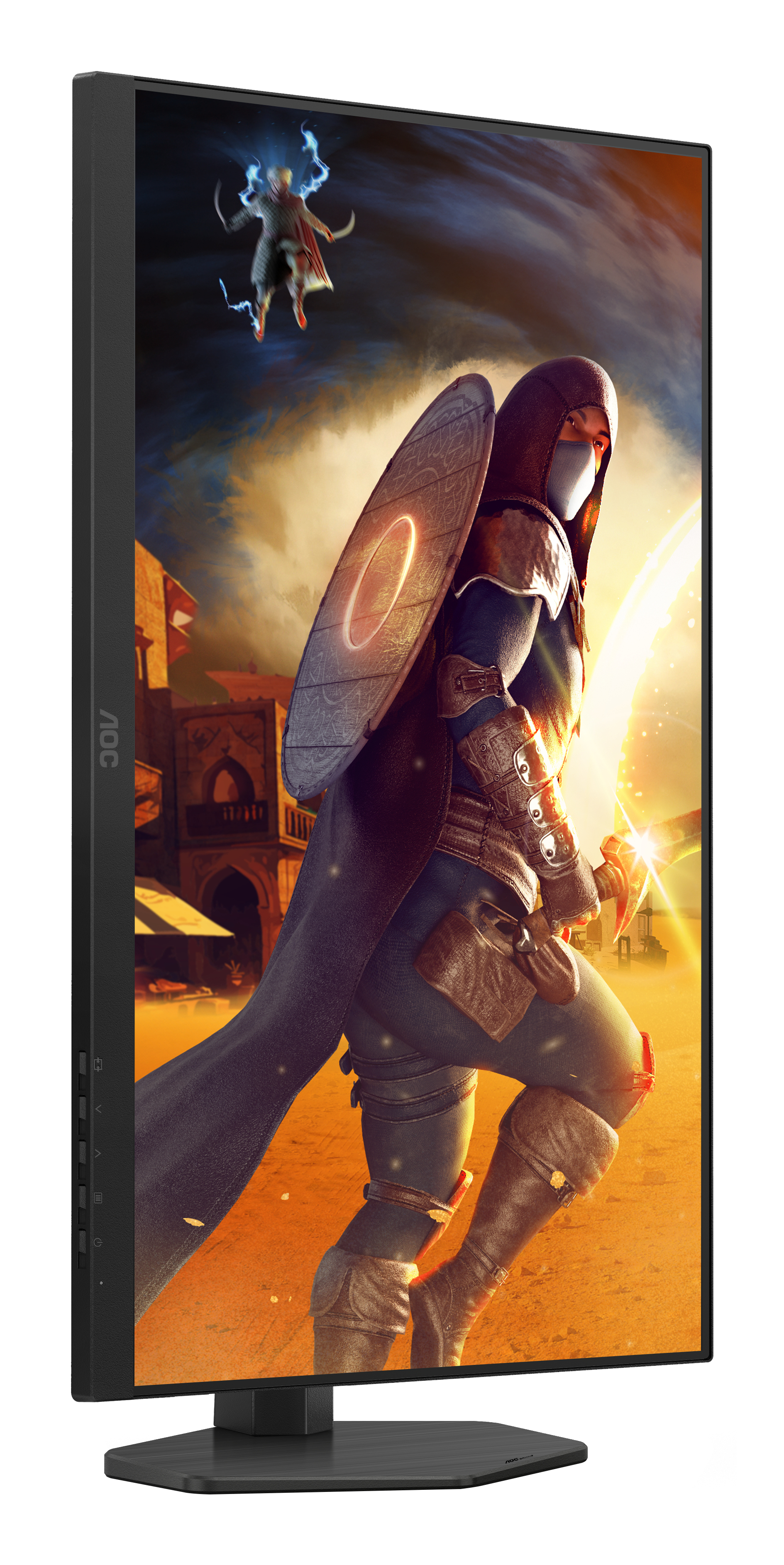 Monitor AOC z wyświetlaną sceną z gry fantasy, przedstawiający wojownika i tło.