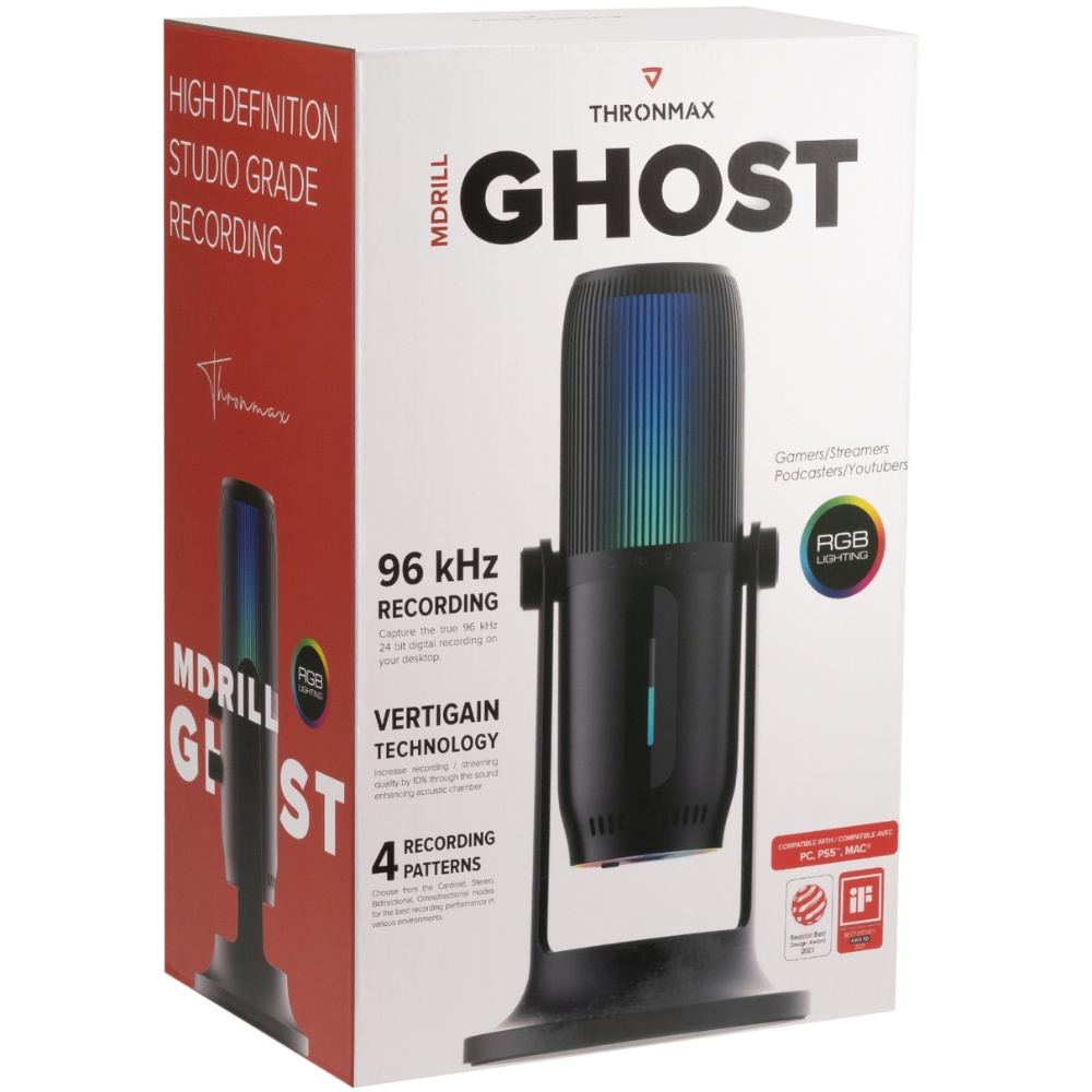 Una scatola per microfono Thronmax MDrill Ghost. Ha un'immagine del microfono e testo sulle sue caratteristiche.