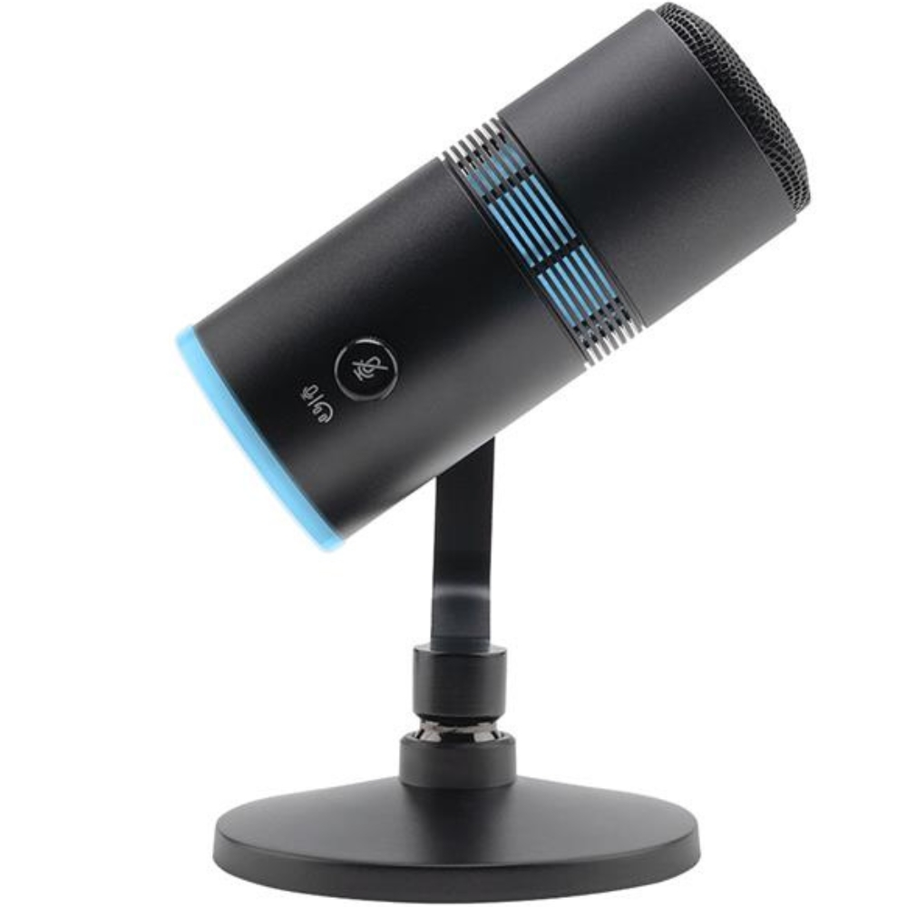 Un microfono nero su un supporto. Il microfono ha dettagli blu. Lo sfondo è bianco.