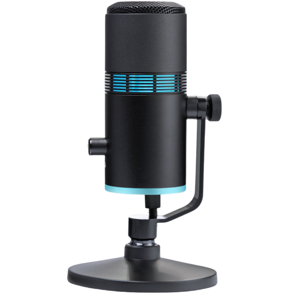 Microfono nero con accenti blu. È su un supporto. Il design presenta strisce LED blu.