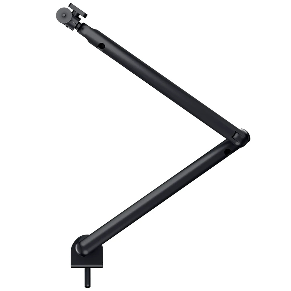 Un braccio per microfono nero, isolato su sfondo bianco, in configurazione a zig-zag.