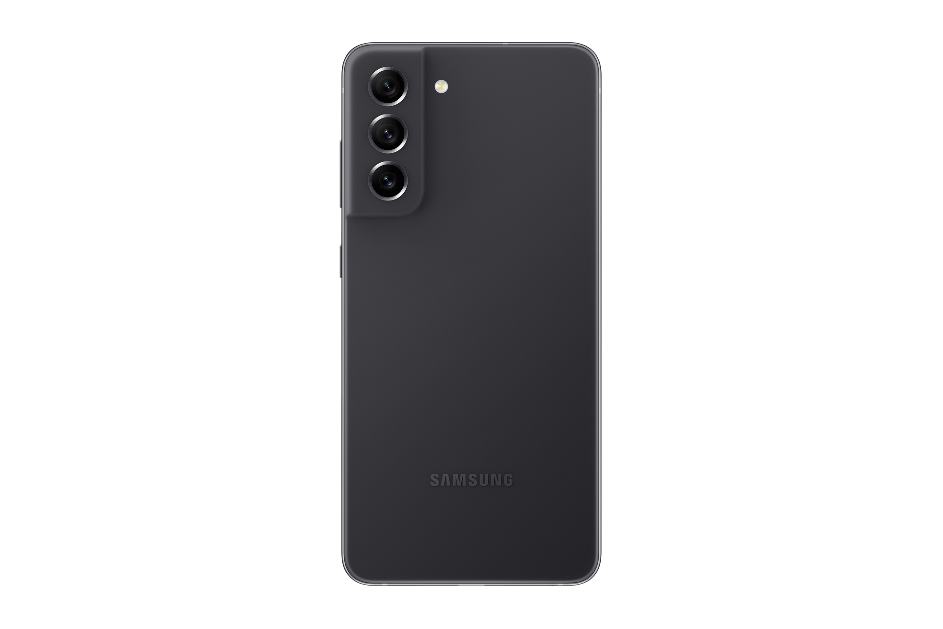 Vista trasera de un smartphone negro con tres cámaras y el logotipo de Samsung.