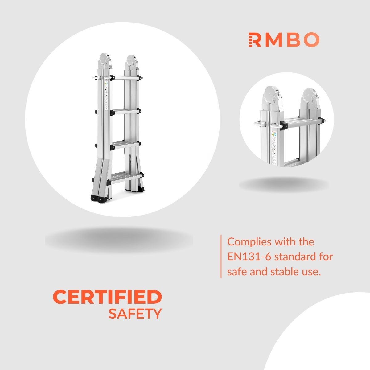 A silver folding ladder with two circles and the text 'Certified Safety' and 'RMBO' logo.