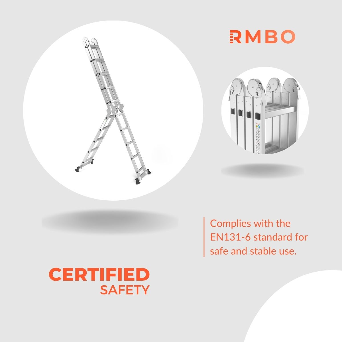 A silver folding ladder, with two circles and the text 'Certified Safety' and 'RMBO' logo.