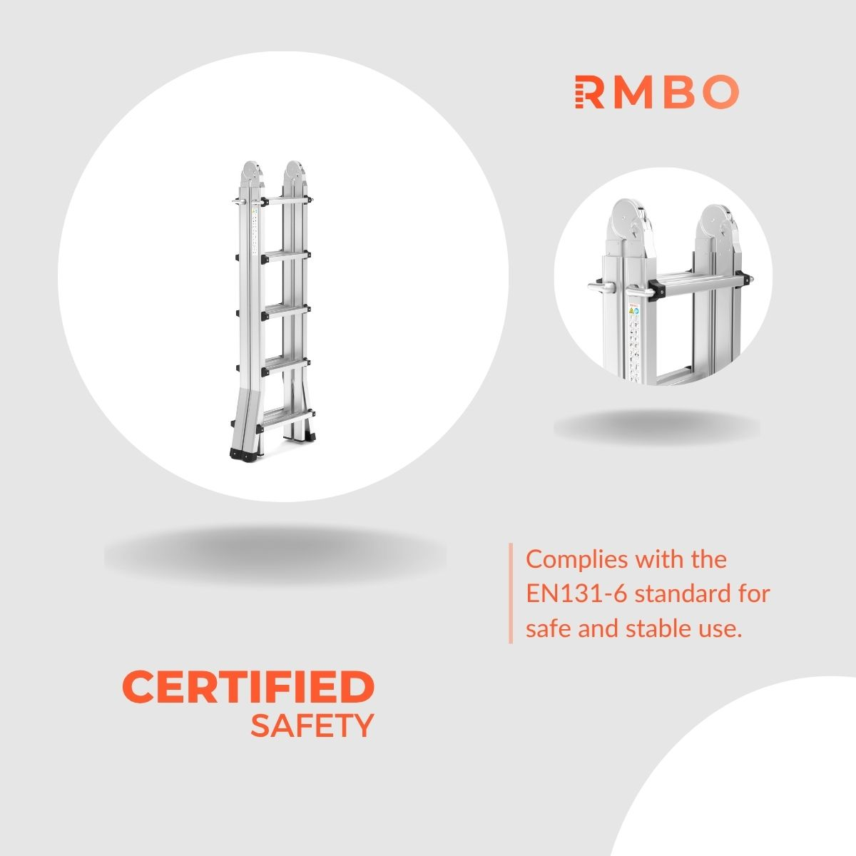 Zilveren vouwladder, cirkels met tekst 'Certified Safety'. RMBO-logo.