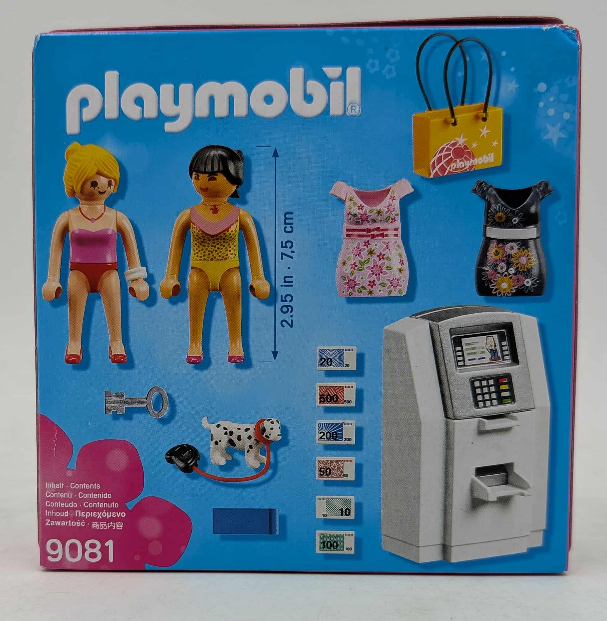 Playmobil-Box mit Figuren, Kleidung, Hund, Schlüssel, Geldautomaten und Geld. Figuren sind blond und brünett. Kleidung in Rosa und Schwarz.