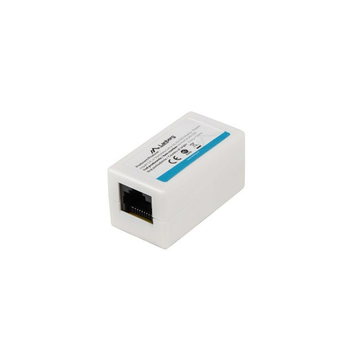 Adattatore rettangolare bianco con porta Ethernet. L'adattatore ha un coperchio blu.