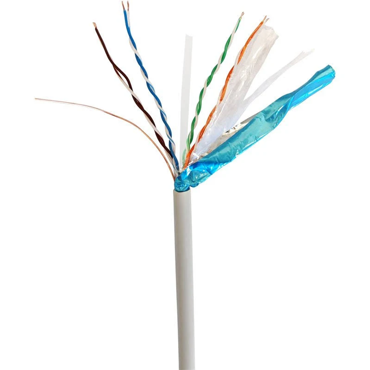 Un cavo Ethernet tagliato con fili di diversi colori. Nastro blu fissa i fili.