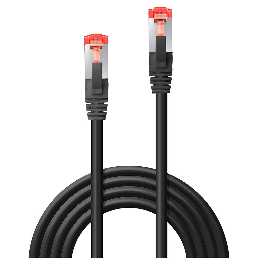 Twee zwarte ethernetkabels met rode, transparante connectoren.