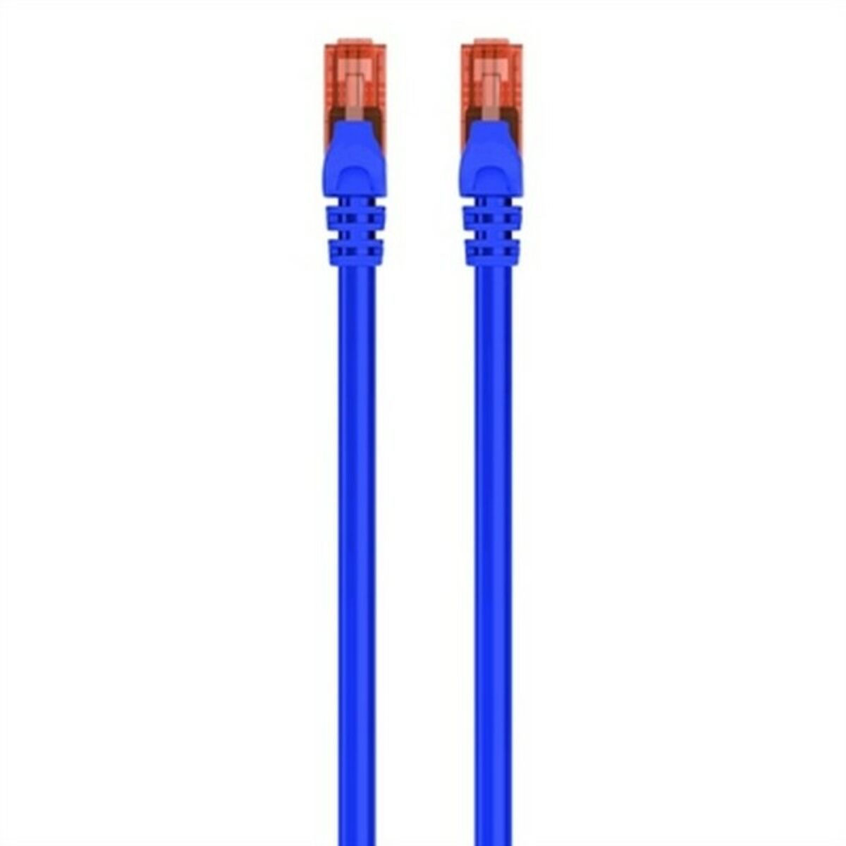 Due cavi di rete blu con connettori arancioni, presentati su sfondo bianco.