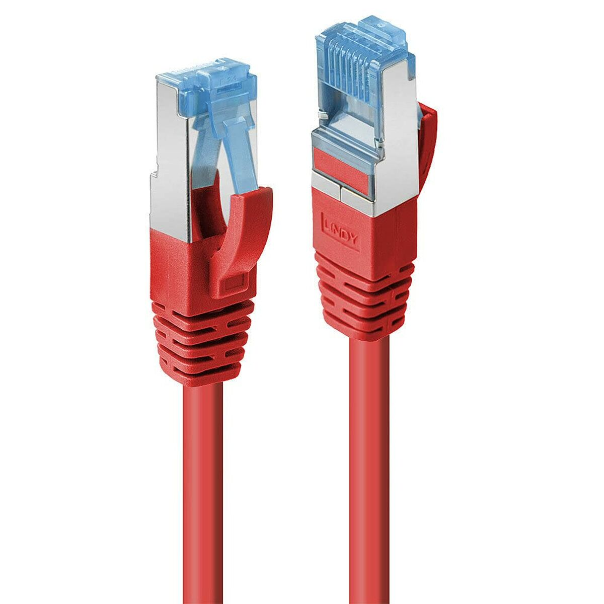 Dos cables Ethernet rojos con conectores de plástico transparente están centrados sobre un fondo blanco.