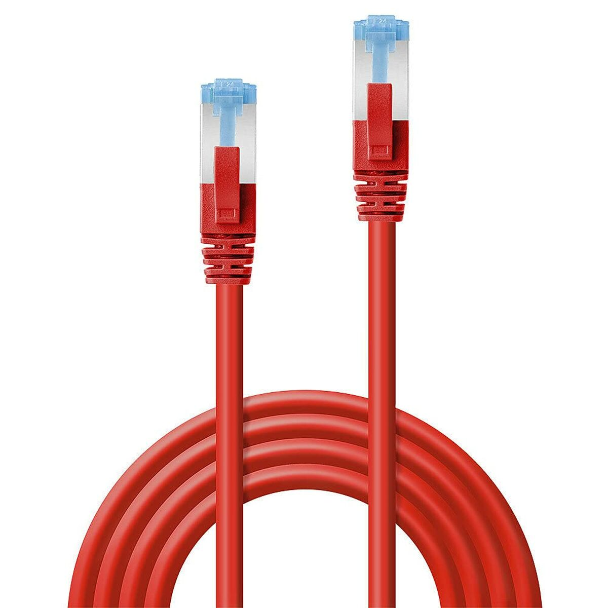 Dos cables Ethernet rojos con conectores azules transparentes.