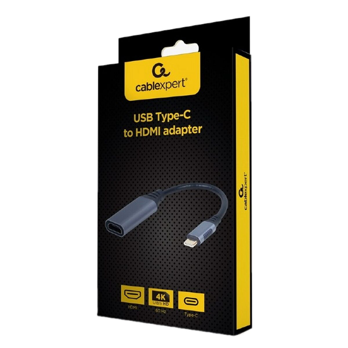 Une boîte de produit pour un adaptateur USB Type-C vers HDMI. La boîte est noire et jaune.