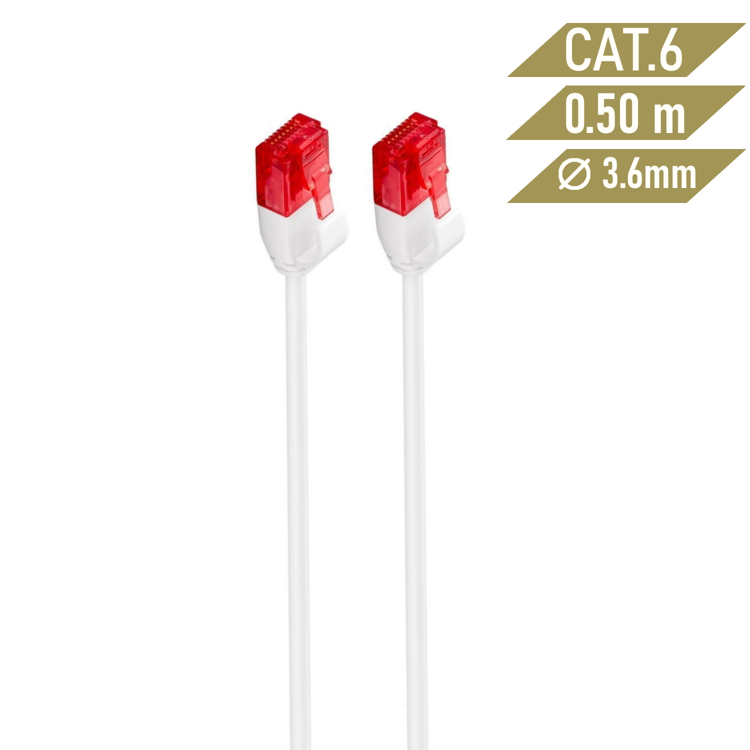Dos cables Ethernet blancos con conectores rojos transparentes.
