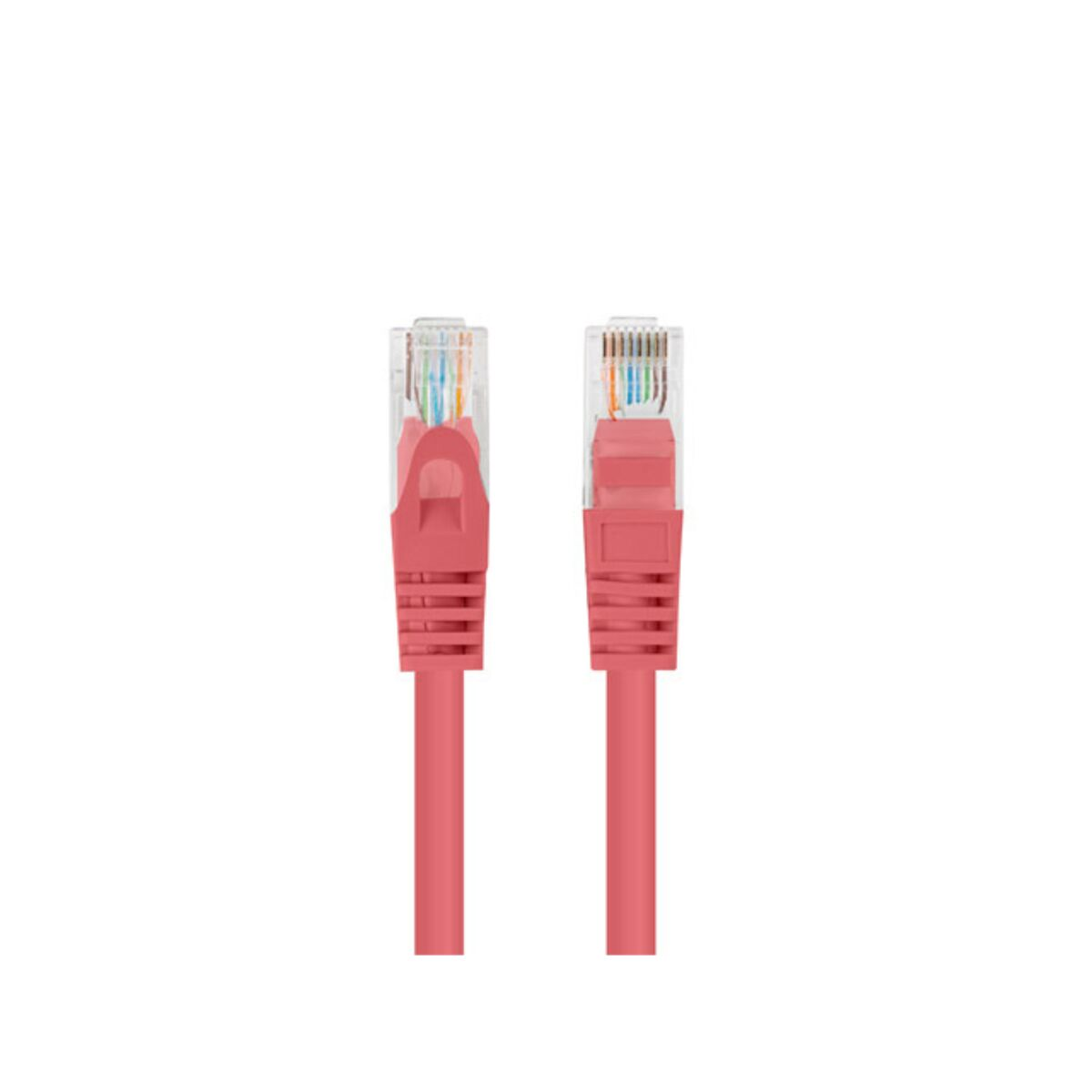 Deux câbles Ethernet roses avec des connecteurs transparents. Chaque câble a un connecteur RJ45 à chaque extrémité.