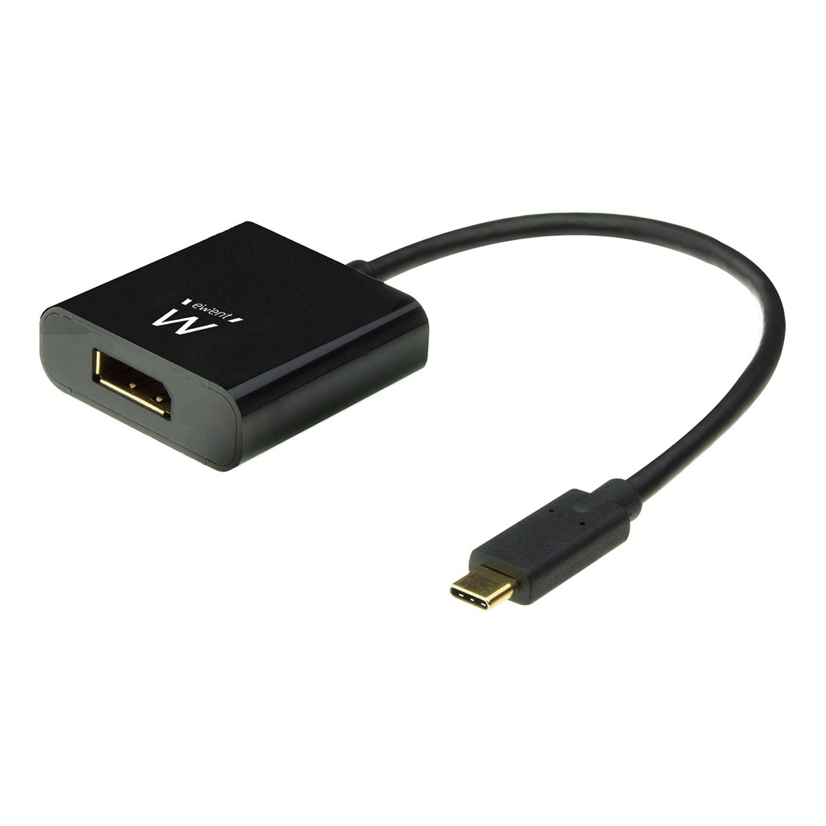 Un adattatore nero con porte HDMI e USB-C, con un cavo, su sfondo bianco.