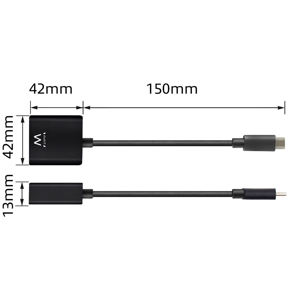 Adattatore nero con porte USB-C e USB-A. Dimensioni: 42mm x 42mm e 13mm x 150mm.