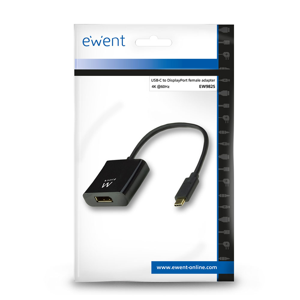 Un adattatore femmina da USB-C a DisplayPort nero, nella sua confezione. La confezione mostra il logo 'ewent'.