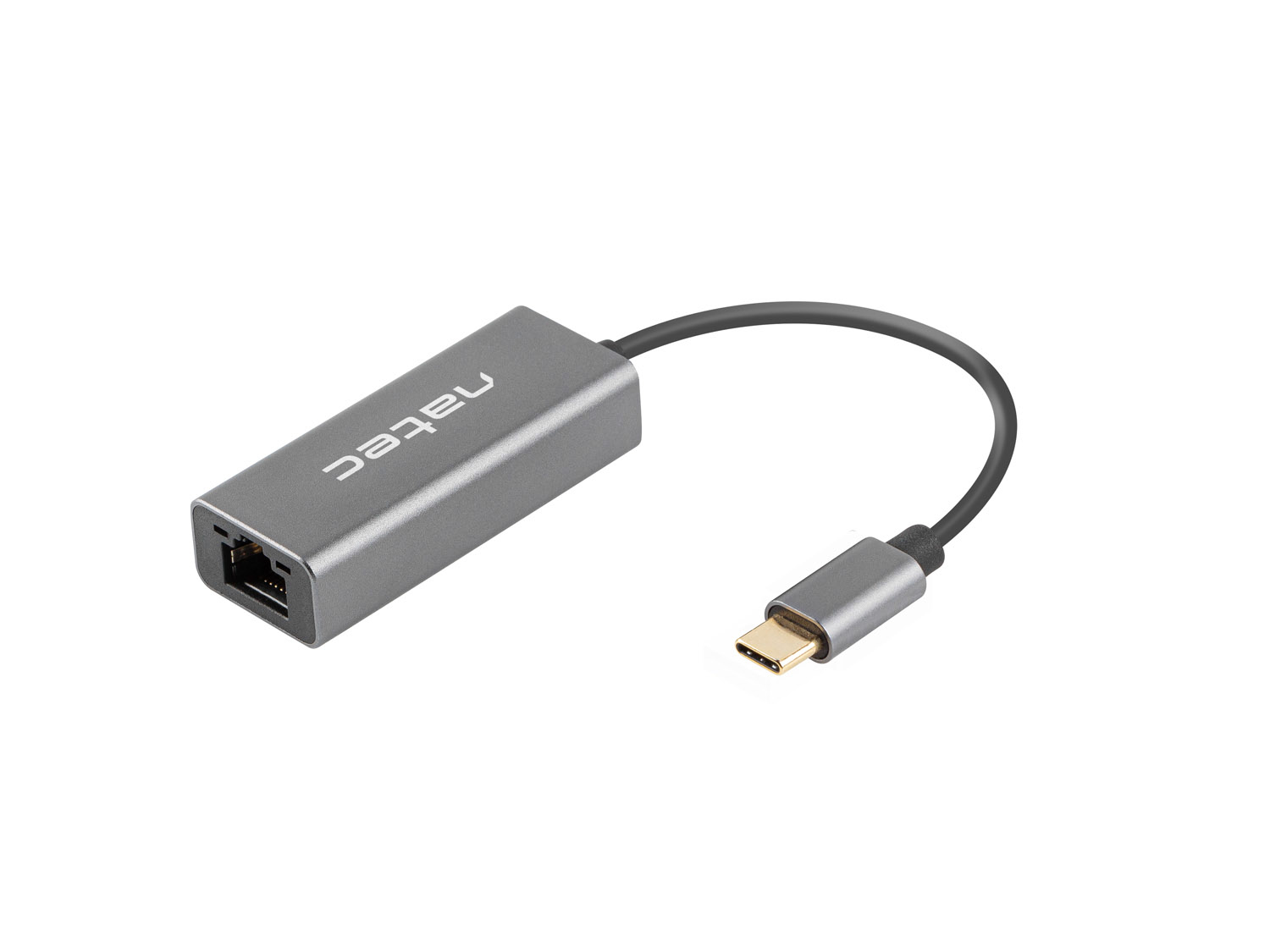 Un adaptador Ethernet gris con conector USB-C, marca Natec, sobre un fondo blanco.