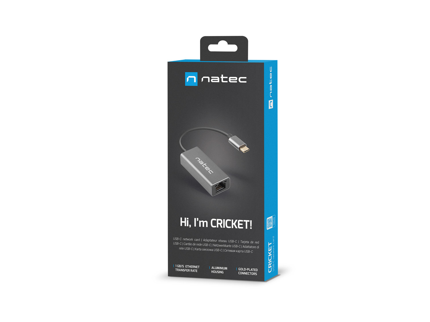 Caja de un adaptador de red Natec. Tiene una imagen de adaptador gris, el texto 'Hi, I'm CRICKET!' y es azul.