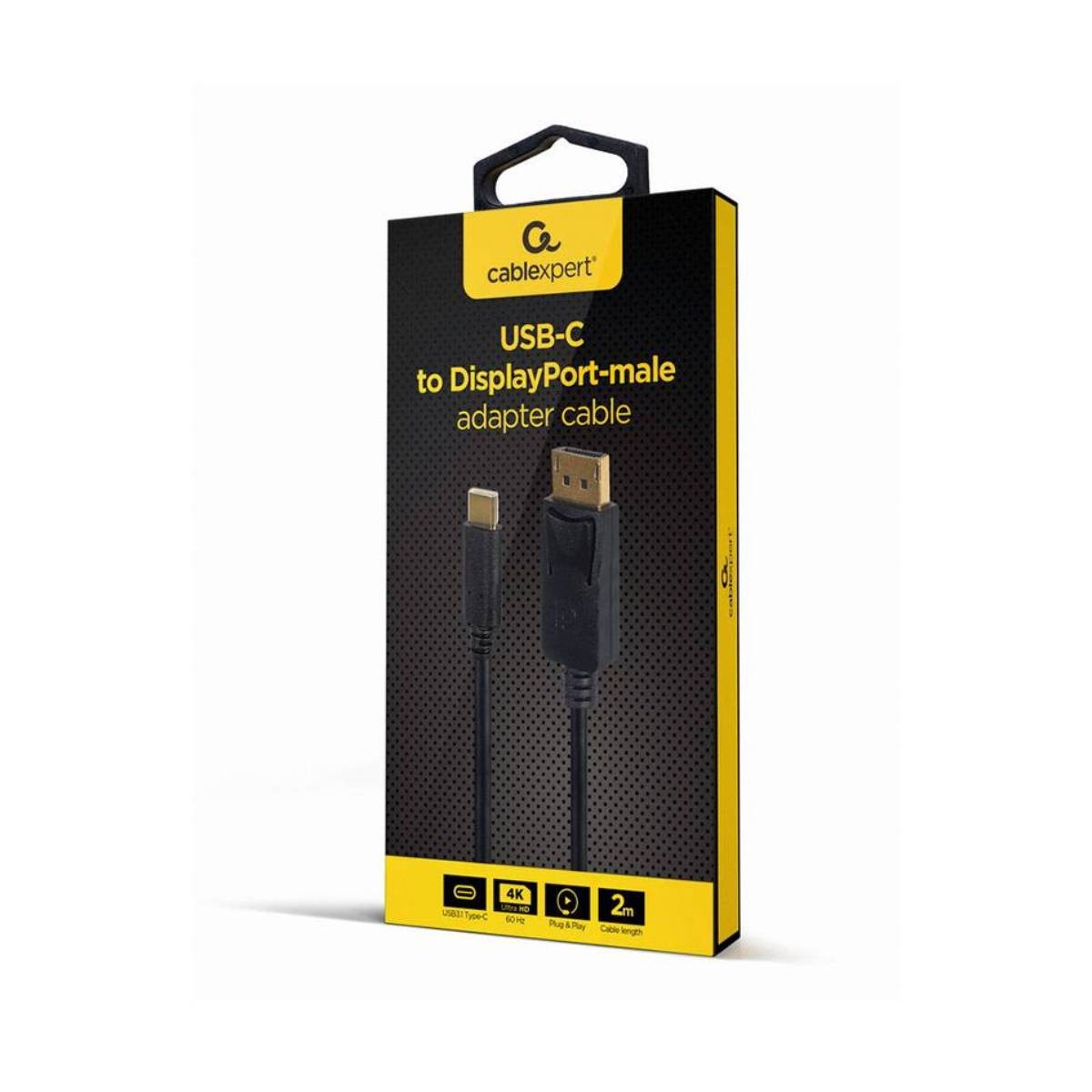 Boîte avec câble adaptateur USB-C vers DisplayPort. Câble et connecteur visibles. Couleurs jaune, noir et blanc.