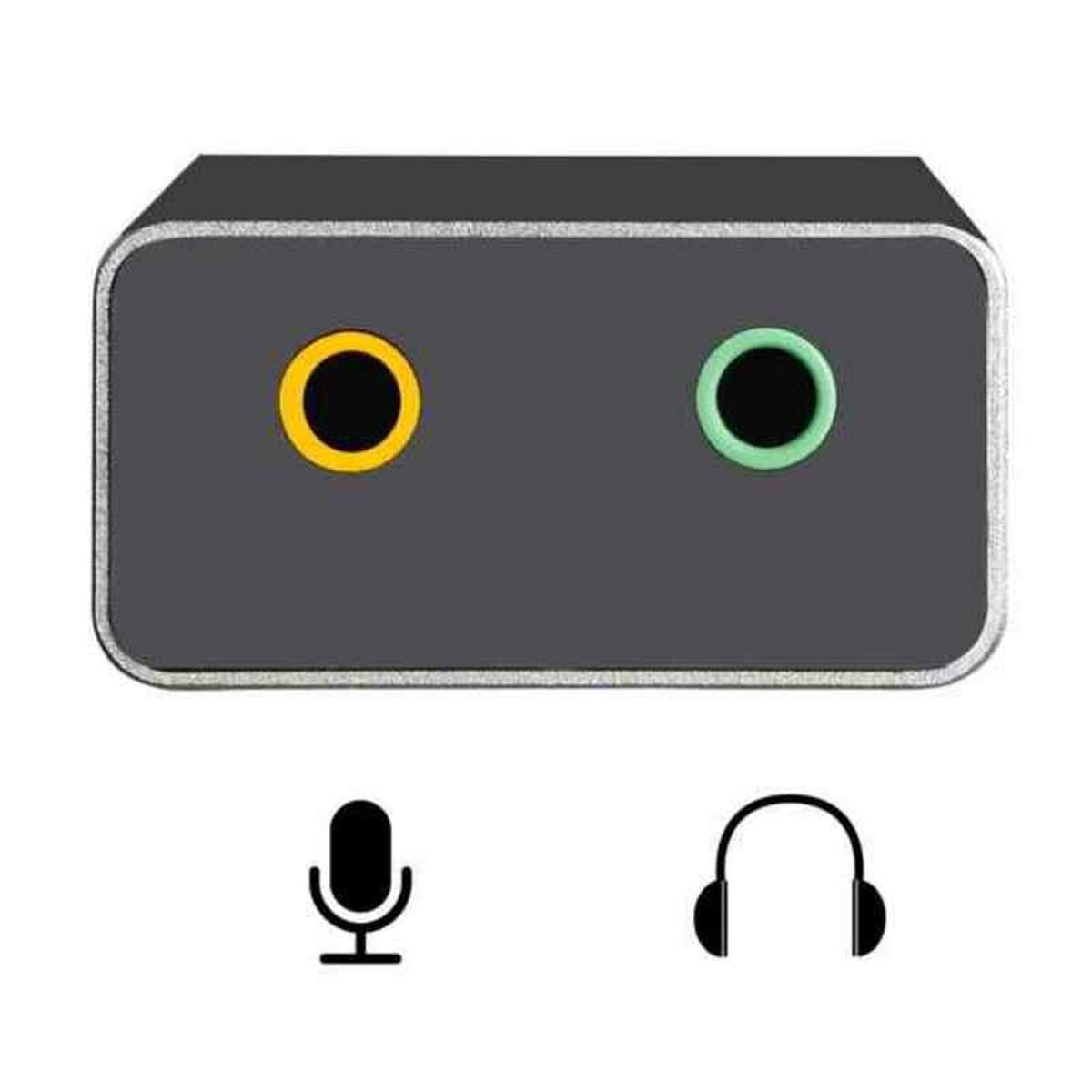 Un adaptador negro con dos conectores de salida de audio e iconos de auriculares/micrófono.