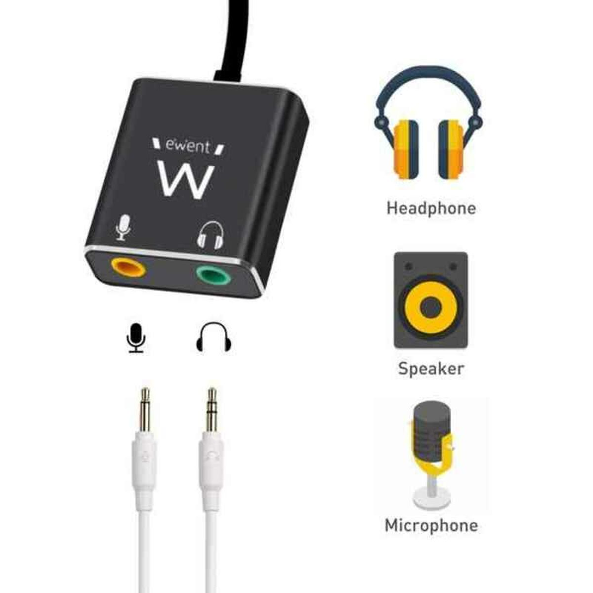 Un adaptador de audio con conectores de micrófono y auriculares e iconos, con cables y accesorios.