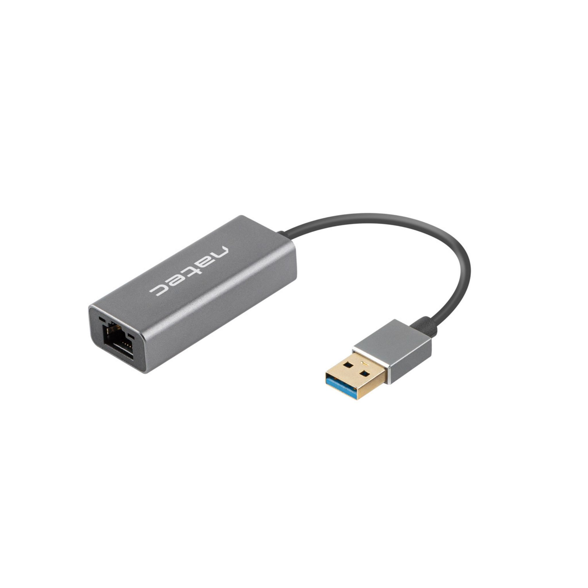 Un adattatore da USB a Ethernet grigio con connettore USB e porta Ethernet nera.
